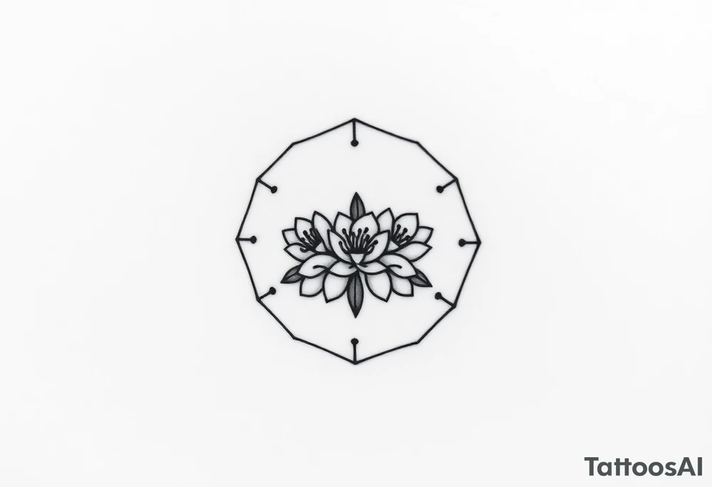 Hexagon with a constellation sign for Leo, larkspur and water lilies in the center tattoo idea