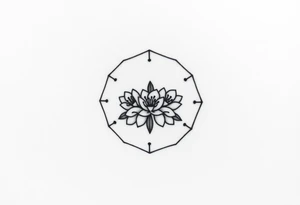 Hexagon with a constellation sign for Leo,  larkspur and water lilies in the center tattoo idea