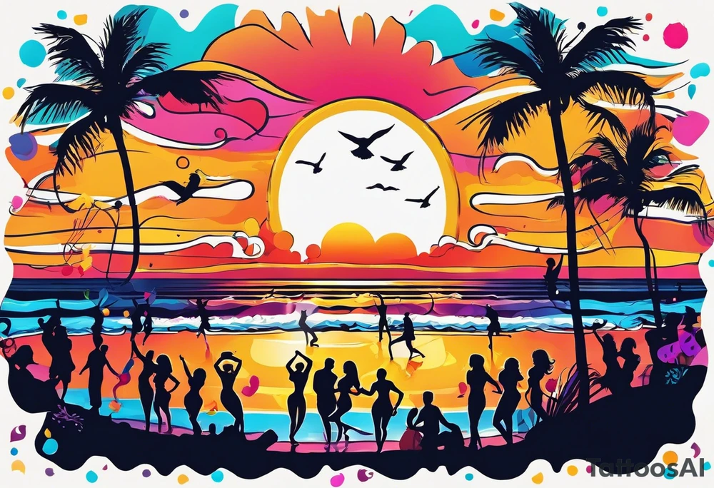 1960'S BEACH DANCE PARTY 
party, include confetti, music notes, 
, bikinis sunset in the center tattoo idea