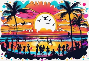 1960'S BEACH DANCE PARTY 
party, include confetti, music notes, 
, bikinis sunset in the center tattoo idea