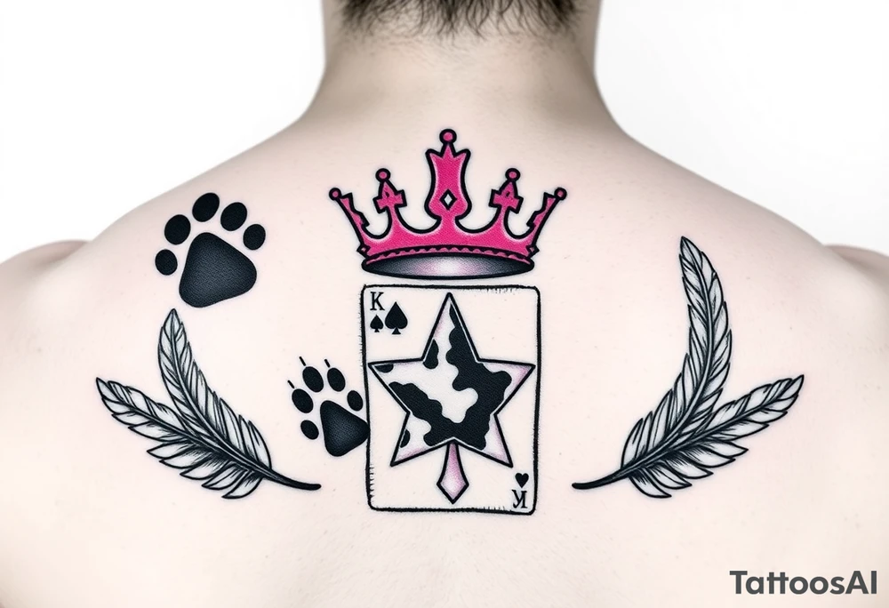 pink princess crown on top of puppy paw prints, king of hearts card, army camouflage star, feathers tattoo idea