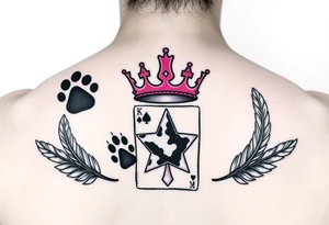 pink princess crown on top of puppy paw prints, king of hearts card, army camouflage star, feathers tattoo idea