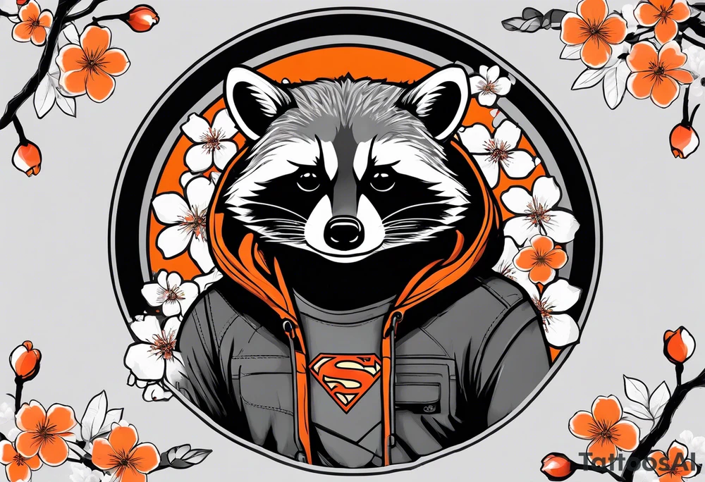 raccoon wearing a black and white Superman hoodie and orange Japanese cherry blossoms tattoo idea