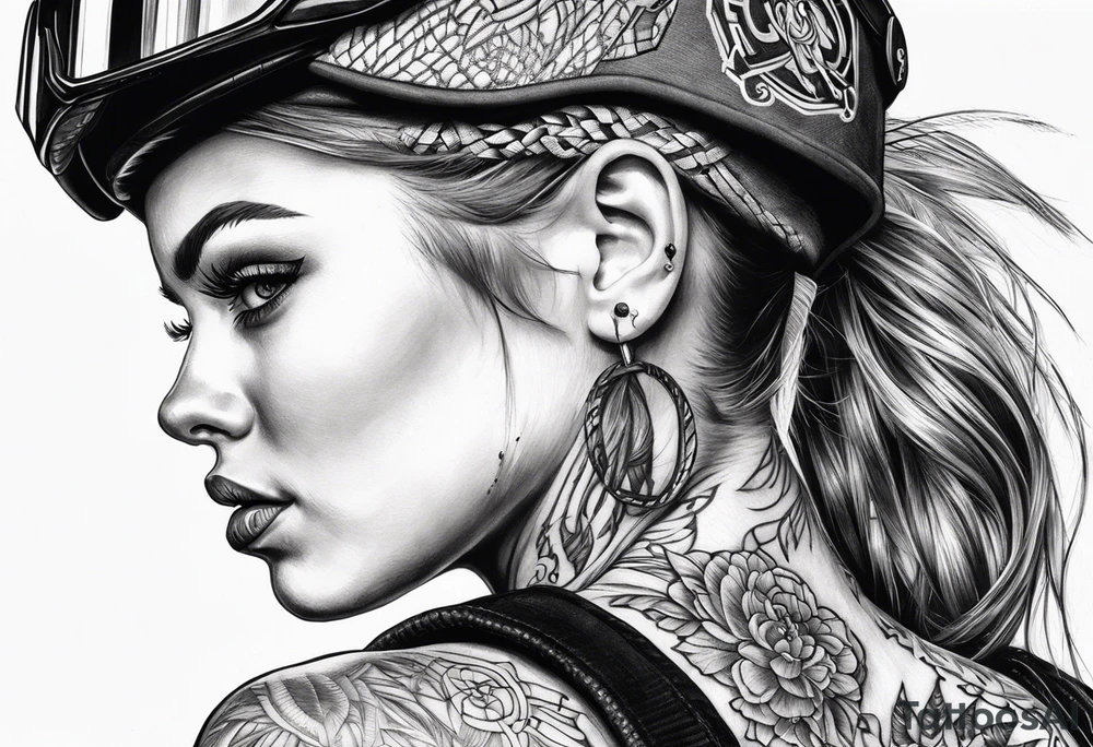 Bikergirl mit geflochtenen zöpfen tattoo idea