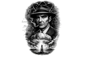 Design a highly detailed black-and-grey realism tattoo of J. Robert Oppenheimer, vertical composition for an upper arm/forearm tattoo. Oppenheimer is shown from the chest up in his iconic 1940s suit and fedora, gaunt face, intense distant expression, cigarette smoke curling around him. Behind his portrait is the Trinity atomic bomb test exploding over the New Mexico desert, with a massive mushroom cloud glowing white at the center and fading into dark smoke. Integrate a subtle atomic orbital symbol behind his head like a halo, thin handwritten theoretical physics equations, nuclear fission diagrams, and faint blueprint-style schematics of the Trinity bomb throughout the background. At the bottom, show a lonely desert test tower silhouetted against the blast. Hide a small Los Alamos security badge or Manhattan Project symbol within the composition. Dramatic chiaroscuro lighting, extremely high contrast, deep blacks, smooth greywash shading, realistic skin texture, vintage 1940s atmosphere, haunting and intellectual rather than cartoonish. Tattoo-ready design, clean silhouette, readable from a distance, strong focal hierarchy, negative space between elements, no rectangular background, elements naturally fading into skin, professional award-winning tattoo design, black ink and greywash only, hyper-detailed engraving mixed with photorealism. tattoo idea