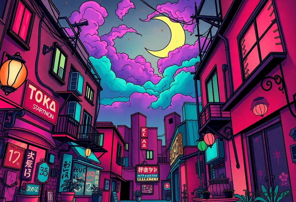 Tim Burton’s haunted pastel Tokyo apartment from the street view is littered in neon signs and dripping with muted reds, dusty pinks, and eerie green glow.purple and cyan smokey clouds swirl in the crescent moonlit sky thats sprinkled with stars tattoo idea tattoo idea