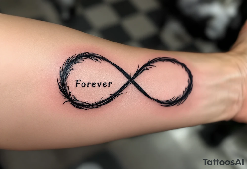 "Forever" formed from black feathers, gently falling into the shape of an infinity loop. tattoo idea