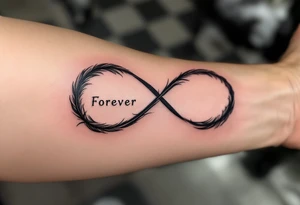"Forever" formed from black feathers, gently falling into the shape of an infinity loop. tattoo idea