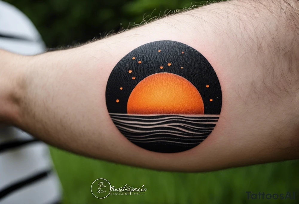 This is an extremely simple and minimalistic tattoo on male forearm. It is black and white with minuscule splashes of orange from the sun. The tattoo 4 inches wide by 2 inches tall. It is NOT a circle. From the perspective of being on the ocean, Water is calm, with no waves in sight, the sun is setting behind the ocean, reflecting light onto the water. The water has shading. tattoo idea