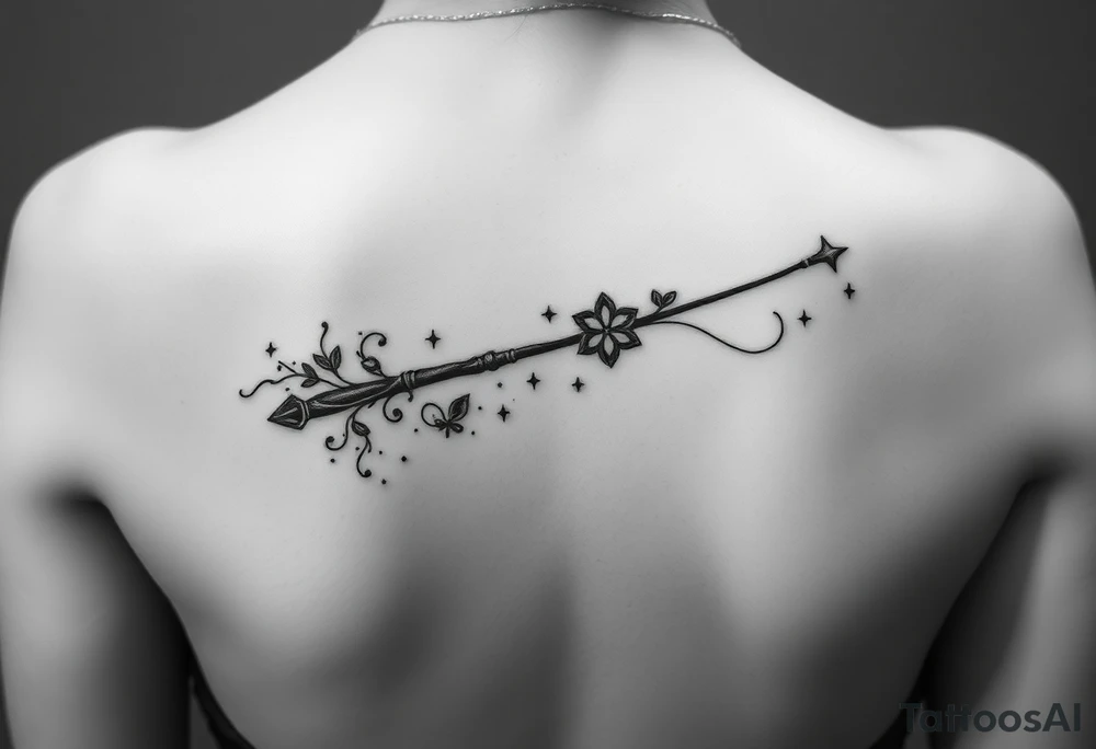 A magic wand (hermione's) with magic dust all around it and a ladybud exiting at the tip wand like a magic spell, and some small detail around it that would do a piggyback on harry poter like a lightning, harry's glasses, the golden snitch etc... tattoo idea