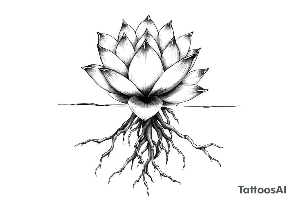 Lotus flower floats in the water long roots meander downwards tattoo idea