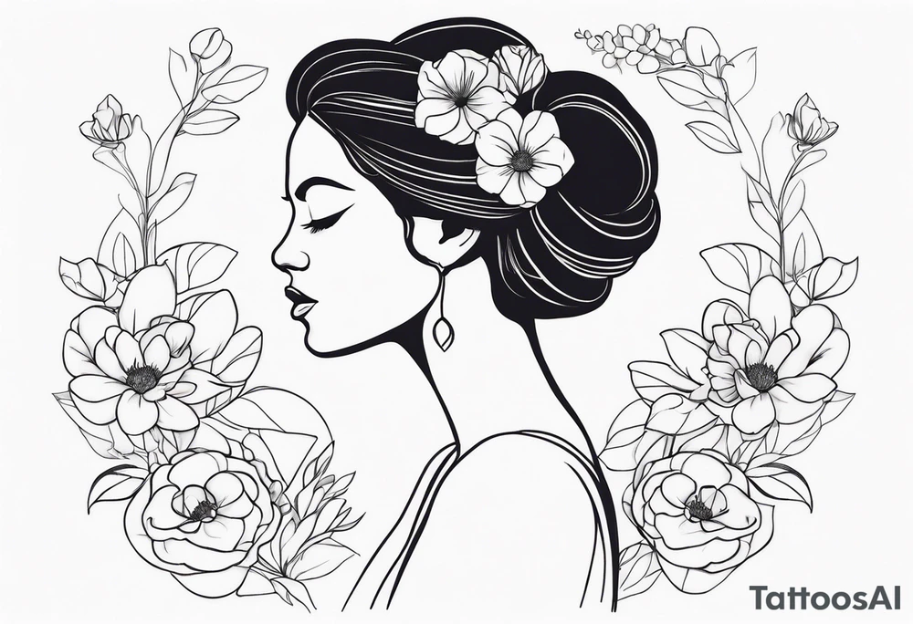 fine line tattoo with woman with flowers growing out of her head tattoo idea