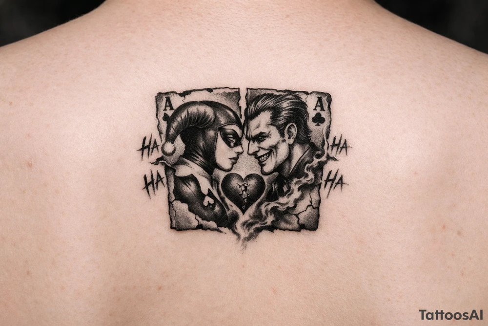 A black-and-grey rib tattoo with Harley and Joker facing each other, almost touching, inside a torn playing card. Harley’s jester hood flows upward while Joker’s grin fades into smoke below. A cracked heart sits between them, with “Ha Ha Ha” weaving around both portraits. tattoo idea