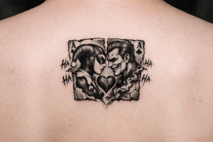 A black-and-grey rib tattoo with Harley and Joker facing each other, almost touching, inside a torn playing card. Harley’s jester hood flows upward while Joker’s grin fades into smoke below. A cracked heart sits between them, with “Ha Ha Ha” weaving around both portraits. tattoo idea