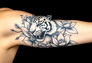 fierce tiger emerging through blooming lotus flowers in mist tattoo idea