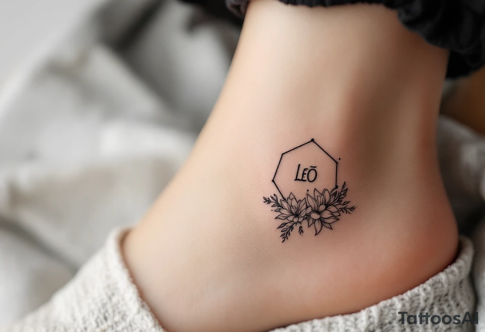 Small Feminine simple Dotted Line hexagon with Leo astrological symbol surrounded by larkspurs and water lilies tattoo idea