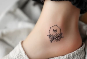 Small Feminine simple Dotted Line hexagon with Leo astrological symbol surrounded by larkspurs and water lilies tattoo idea