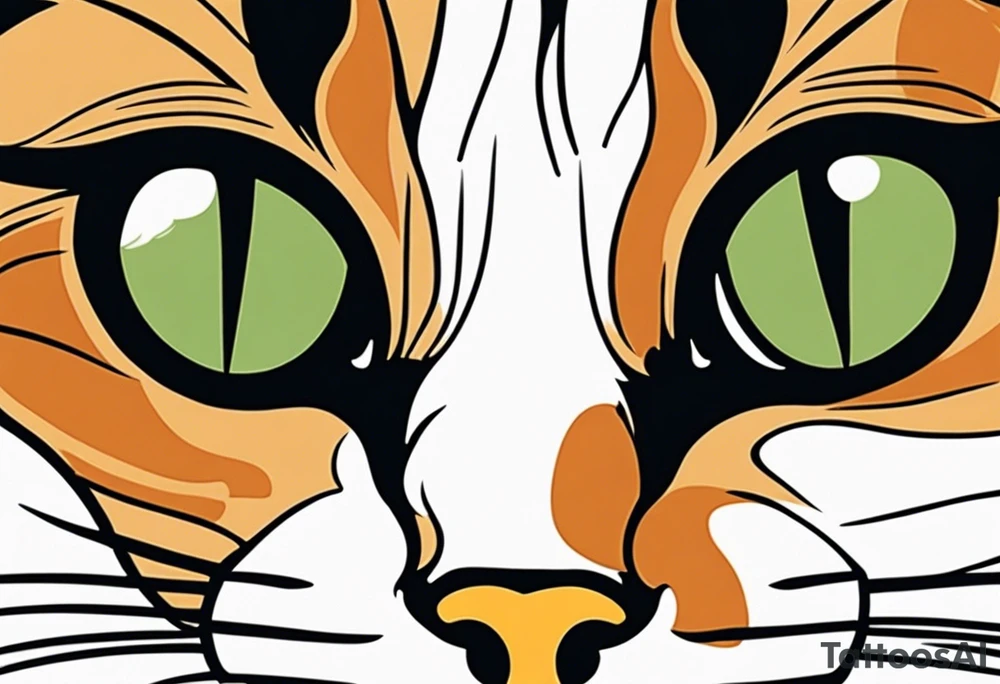 A detailed tattoo design of a tortoiseshell cat, emphasizing its distinct black, orange, and brown fur patterns in a stylized, illustrative manner. The cat's face is turned slightly upwards, with piercing green eyes that are accentuated for a bold, captivating look. Fine details such as the delicate whiskers, sharp ears, and subtle fur texture are highlighted. The background is minimal, perhaps incorporating abstract geometric shapes or soft shading to keep the focus on the cat's striking features. The overall design should be bold yet elegant, with clean lines and intricate shading that brings the cat to life in a timeless, artistic tattoo style tattoo idea