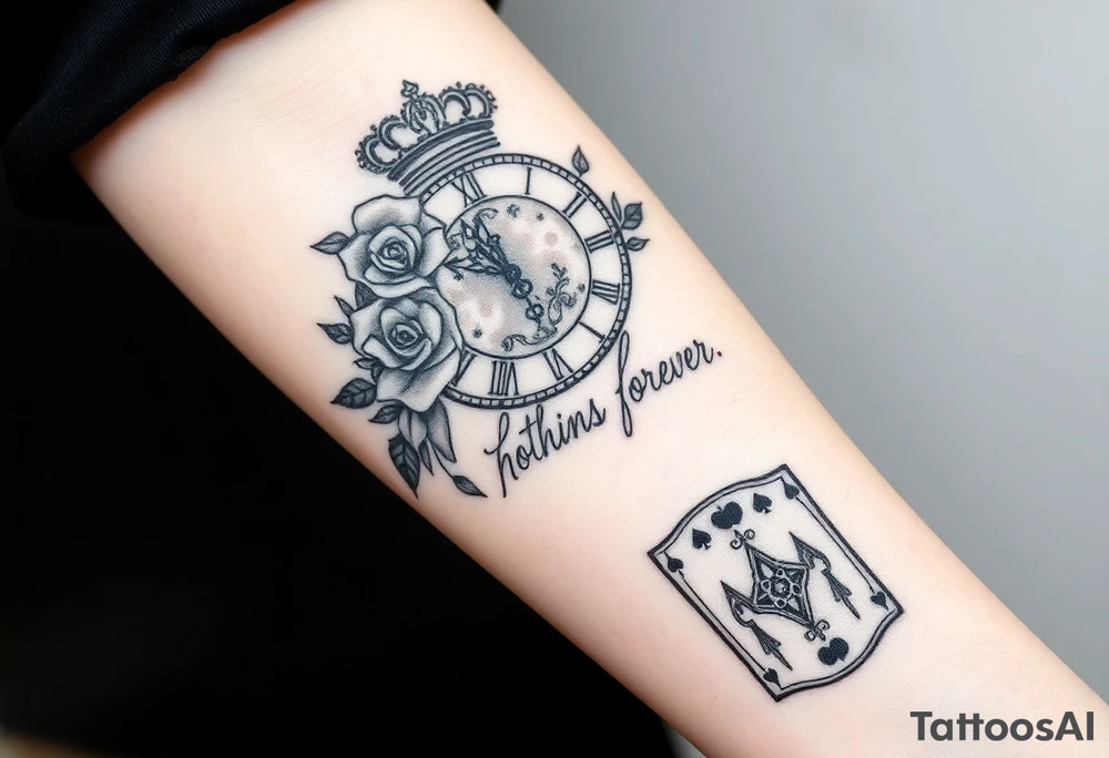 Roman clock with roses and a crown, a quote that says nothings forever. and on the bottom a deck of cards tattoo idea