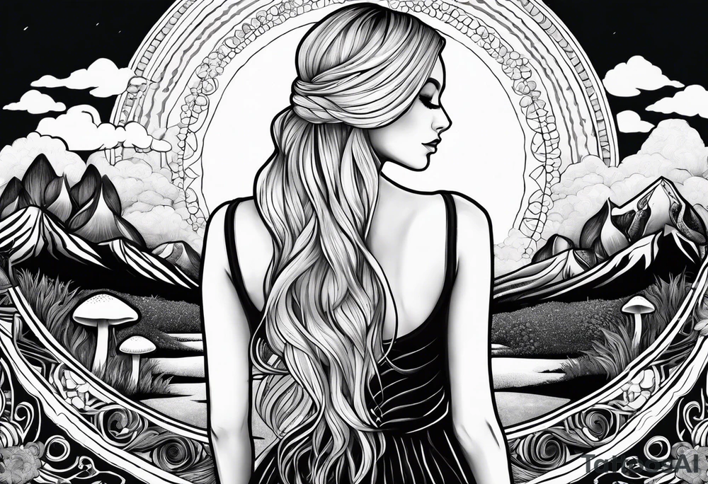 Straight blonde hair girl facing away toward mountains surrounded by mushrooms crescent moon mandala circular design black and white striped dress figure 8 tattoo idea