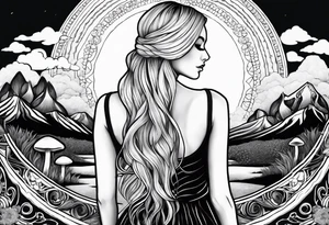 Straight blonde hair girl facing away toward mountains surrounded by mushrooms crescent moon mandala circular design black and white striped dress figure 8 tattoo idea