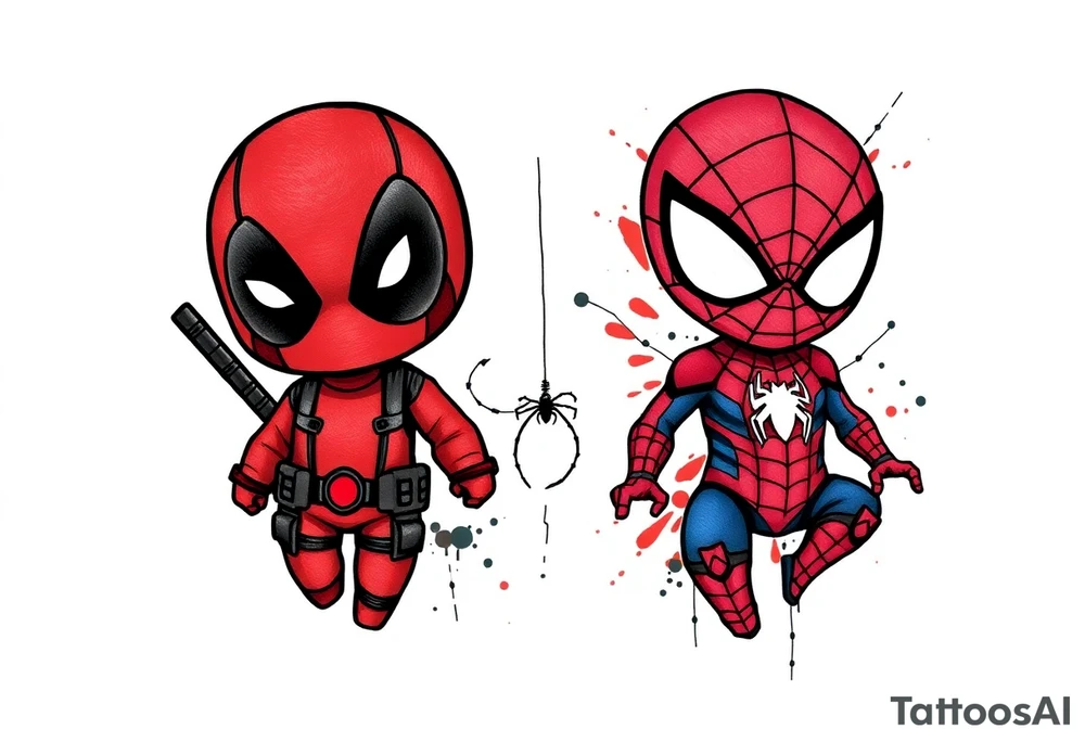 Project: Upper Arm Half-Sleeve Tattoo (Chibi Marvel Duo)
Placement: Upper Arm (Shoulder cap down to just above the elbow)
Reference Images: Chibi Deadpool (Image 1) and Chibi Spider-Man (Image 2)
Design Request & Layout:
* Please stack the characters dynamically to fit my upper arm. I'd like Deadpool positioned near the top/shoulder cap, and Spider-Man sitting near the bottom/above the elbow.
* Use the dangling spider and its web thread, along with loose, energetic construction lines, to transition between the two characters and wrap the design around the arm.
Art & Color Style:
* Linework: Please harmonize both characters into a singular, unified style—blending Deadpool's clean comic ink lines with Spider-Man's raw, cross-hatched sketchbook aesthetic.
* Color: The base of the tattoo should be gritty black-and-grey sketch shading. However, I want vibrant pops of red on their suits.
* The Splatter Effect: Instead of keeping the red cleanly inside the lines, please style the red color as a loose, dynamic watercolor/ink splatter effect that bursts out past their outlines and fades into the negative skin space. tattoo idea