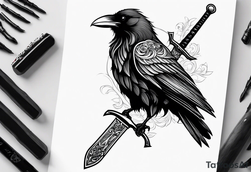 black raven with sword in mouth tattoo idea