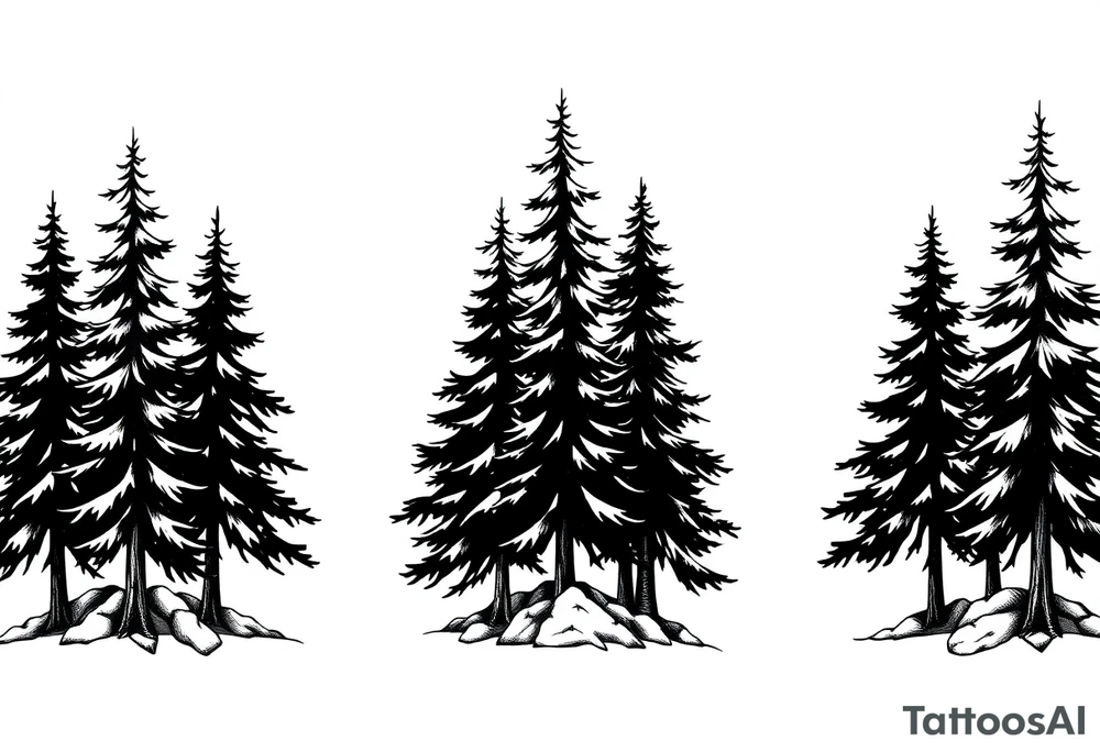 Coniferous forest trees in black and gray tattoo sleeve tattoo idea