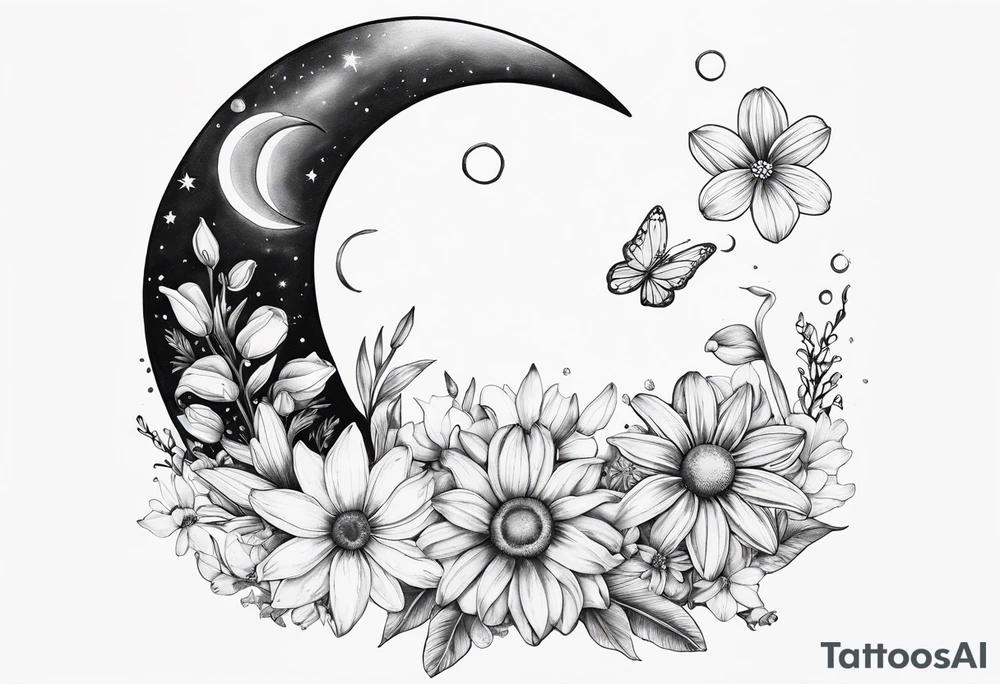 Crescent moon with daisy's, lily’s, crystals, and mushrooms tattoo idea