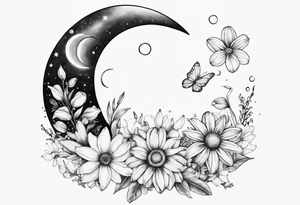 Crescent moon with daisy's, lily’s, crystals, and mushrooms tattoo idea