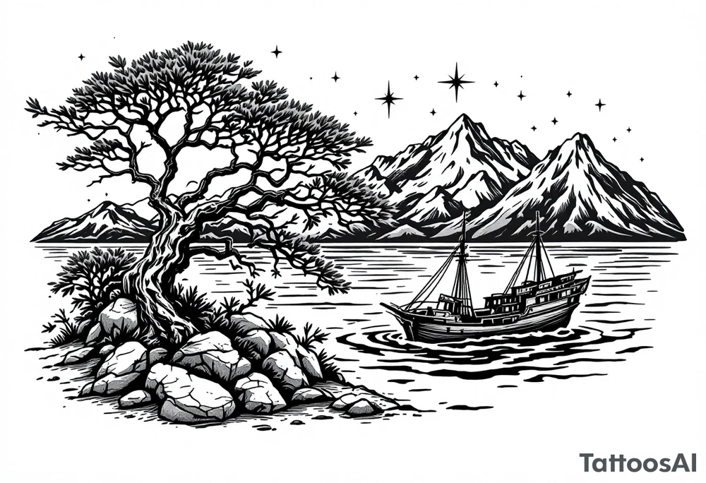 tattoo that has an acacia tree with mountains, ocean with a ship wreck and the northern star tattoo idea