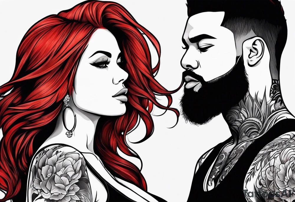 Busty red hair woman with bearded black hair man tattoo idea