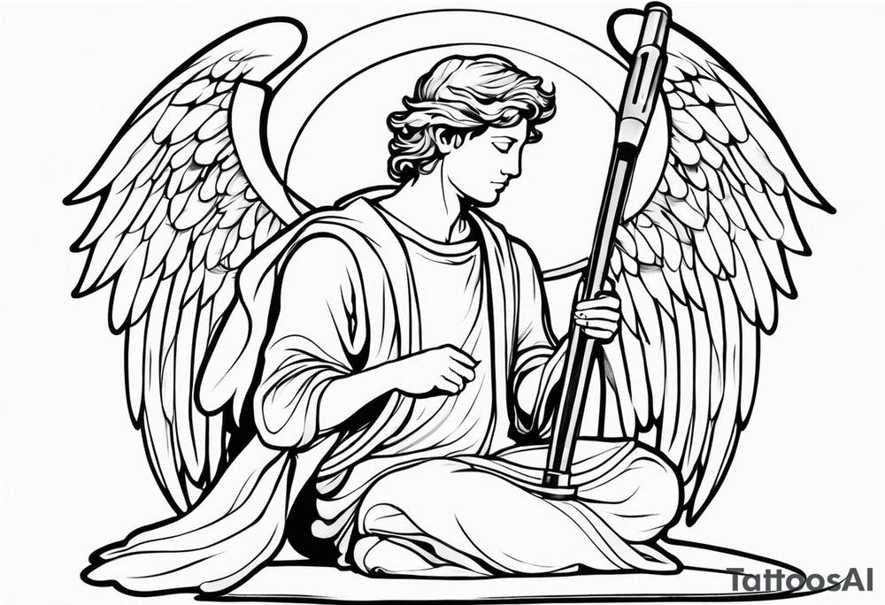 male angel with a halo sitting peacefully holding a modern fishing rod tattoo idea