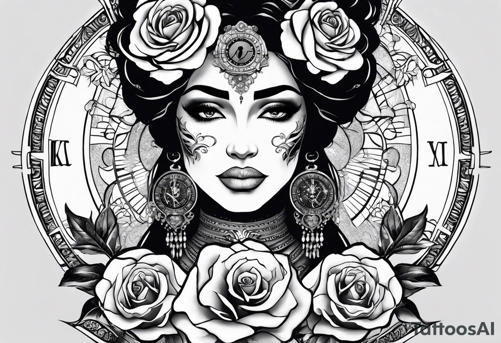 Hispanic/ Latin  woman GODDESS with half skull face, roses, loving heART, strength to move forward cancer zodiac , small clock on face tattoo idea