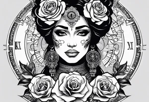 Hispanic/ Latin  woman GODDESS with half skull face, roses, loving heART, strength to move forward cancer zodiac , small clock on face tattoo idea
