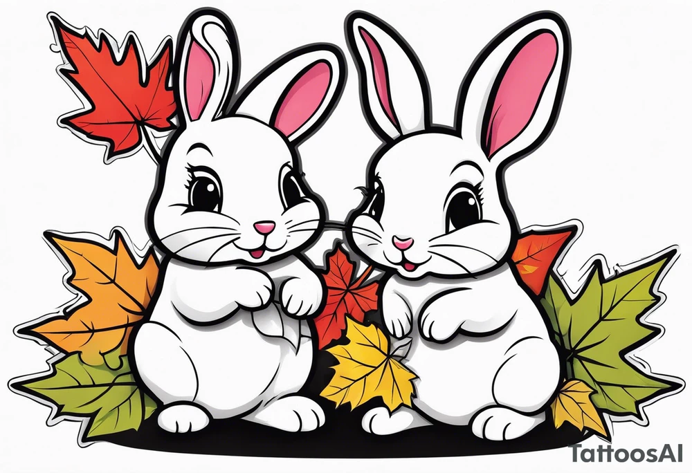 two bunnies, one smaller, one larger, with their backs, holding a maple leaf tattoo idea