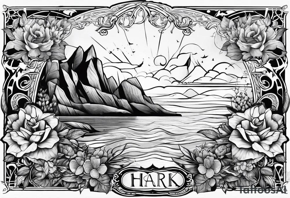 A tattoo with the word "HARK" include images related to rock climbing, traveling, and lakes. Do not include flowers. tattoo idea