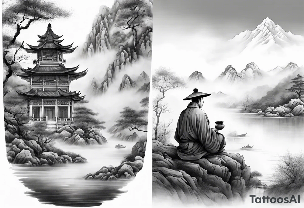 forearm sleeve traditional chinese art painting style autumn mountains mist fog water Chinese temple 2 males wearing robes seated drinking tea tattoo idea
