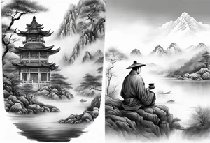 forearm sleeve traditional chinese art painting style autumn mountains mist fog water Chinese temple 2 males wearing robes seated drinking tea tattoo idea