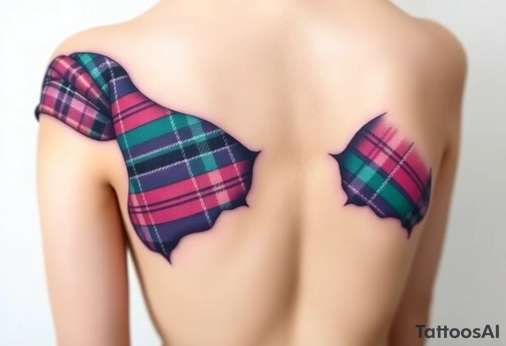 Breasts

Dark Purple with green pink blue and white highlights tartan fabric with skin around edges peeling and wrapping around side of shoulder tattoo idea