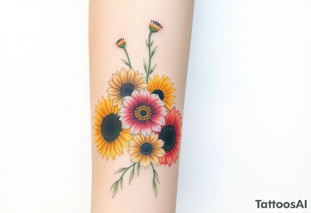 Small watercolour style bunch of wild flowers including Lilly stargazers, sunflowers, poppies and peonies to be placed on forearm tattoo idea
