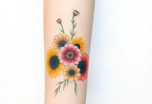 Small watercolour style bunch of wild flowers including Lilly stargazers, sunflowers, poppies and peonies to be placed on forearm tattoo idea