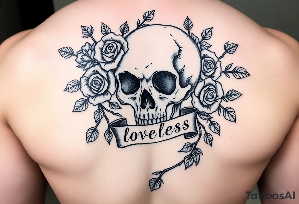 gothic skull intertwined with climbing roses and thorny vines with a ribbon saying loveless tattoo idea