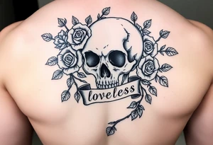 gothic skull intertwined with climbing roses and thorny vines with a ribbon saying loveless tattoo idea