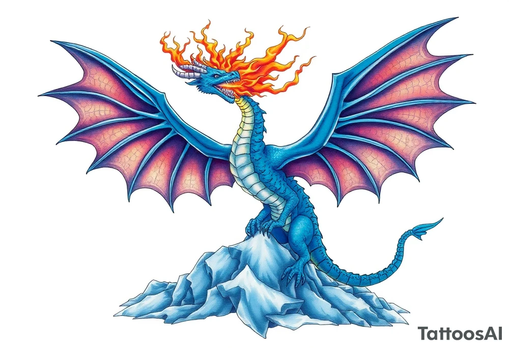 Blue fire breathing dragon with wings spread flying over ice tattoo idea
