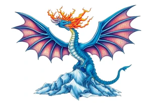 Blue fire breathing dragon with wings spread flying over ice tattoo idea