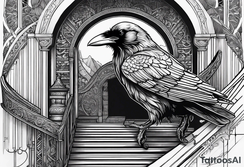 Raven, stairs to the valhalla, Vikings in the drakar. tattoo idea