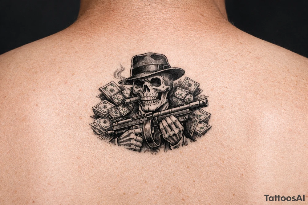 skull with cigar in his mouth,mafia-hat,machine-gun in his hands,surrounded by money. tattoo idea