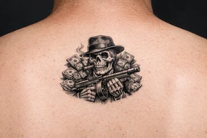 skull with cigar in his mouth,mafia-hat,machine-gun in his hands,surrounded by money. tattoo idea