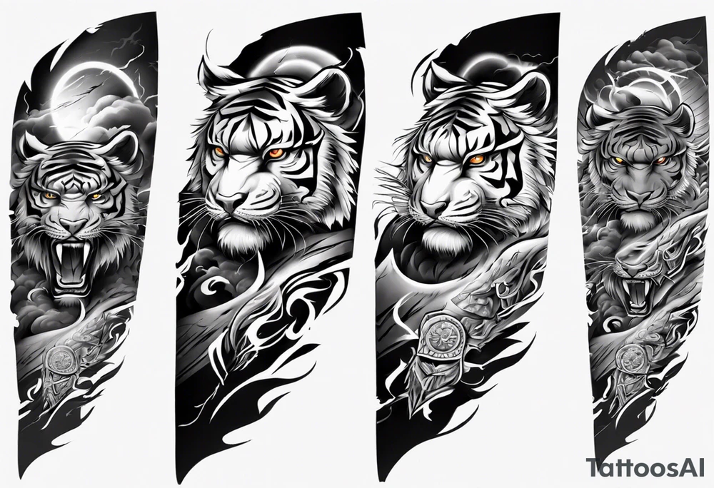 Tiger Warrior sleeve tattoo with lightning and the sun
Forearm sleeve tattoo idea